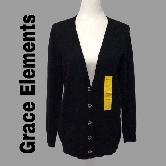 NWT Grace Elements Boyfriend Cardigan, Black, Size Medium - Picture 1 of 8